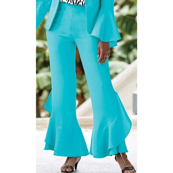 Ashro Womens Reneta Turquoise Pant Suit Ruffle Hem Flare Sleeve Sz 10/12 - Picture 7 of 7